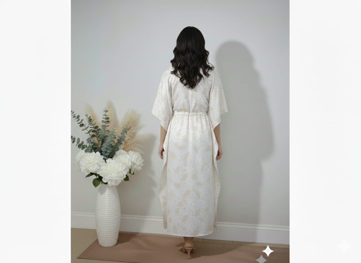 White Paisley Printed Cotton Kaftan Dress – V-Neck Kimono Sleeve Midi Dress with Drawstring Waist