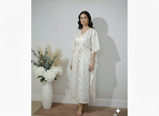 White Paisley Printed Cotton Kaftan Dress – V-Neck Kimono Sleeve Midi Dress with Drawstring Waist