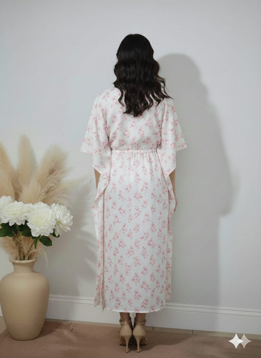White Pink Floral Printed Cotton Kaftan Dress – V-Neck Kimono Sleeve Midi Dress with Drawstring Waist