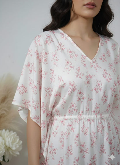 White Pink Floral Printed Cotton Kaftan Dress – V-Neck Kimono Sleeve Midi Dress with Drawstring Waist