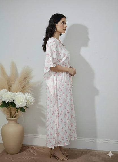 White Pink Floral Printed Cotton Kaftan Dress – V-Neck Kimono Sleeve Midi Dress with Drawstring Waist
