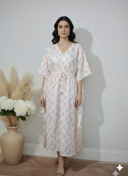 White Pink Floral Printed Cotton Kaftan Dress – V-Neck Kimono Sleeve Midi Dress with Drawstring Waist