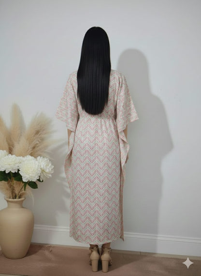 Cream  Multicolour Chevron Print Cotton Kaftan Dress – V-Neck Kimono Sleeve Midi Dress with Drawstring Waist