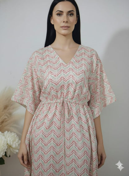 Cream  Multicolour Chevron Print Cotton Kaftan Dress – V-Neck Kimono Sleeve Midi Dress with Drawstring Waist