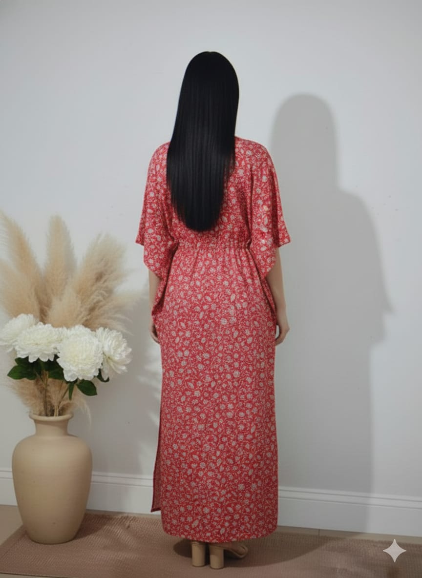Red Floral Printed Cotton Kaftan Dress – V-Neck Kimono Sleeve Midi Dress with Drawstring Waist