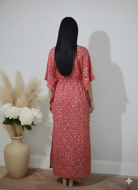 Red Floral Printed Cotton Kaftan Dress – V-Neck Kimono Sleeve Midi Dress with Drawstring Waist