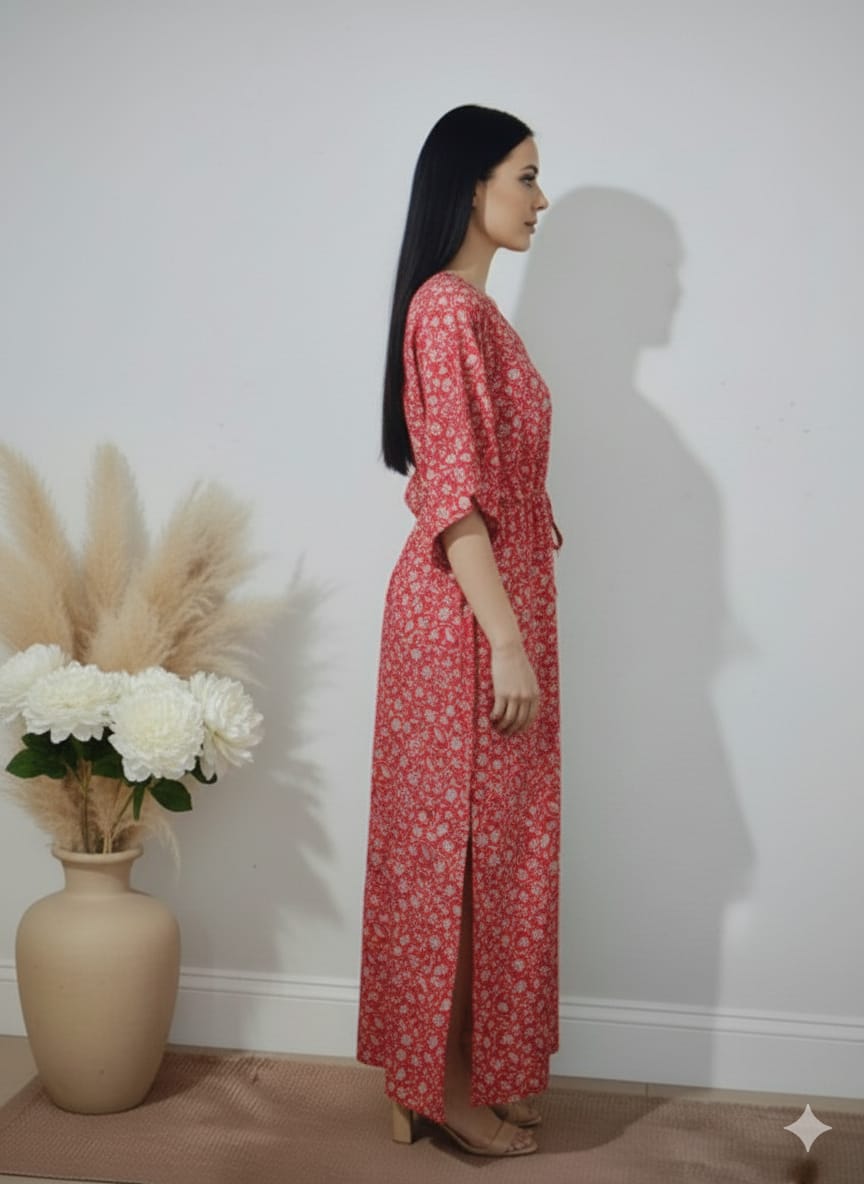 Red Floral Printed Cotton Kaftan Dress – V-Neck Kimono Sleeve Midi Dress with Drawstring Waist