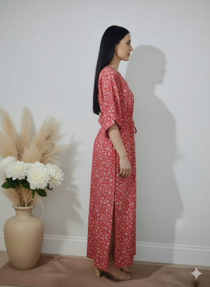 Red Floral Printed Cotton Kaftan Dress – V-Neck Kimono Sleeve Midi Dress with Drawstring Waist