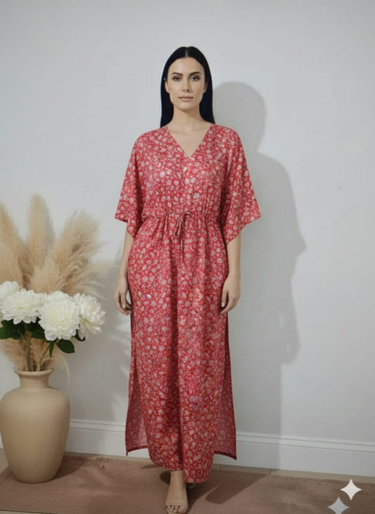 Red Floral Printed Cotton Kaftan Dress – V-Neck Kimono Sleeve Midi Dress with Drawstring Waist