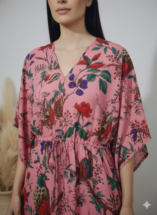 Women’s Cotton Floral Short Kaftan Dress | Relaxed Fit Summer Beach & Resort Wear (USA, AUS, Canada)