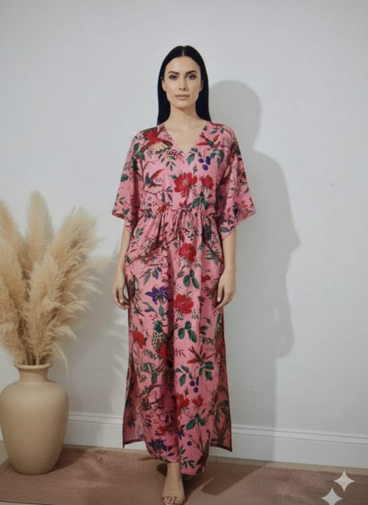 Women’s Cotton Floral Short Kaftan Dress | Relaxed Fit Summer Beach & Resort Wear (USA, AUS, Canada)