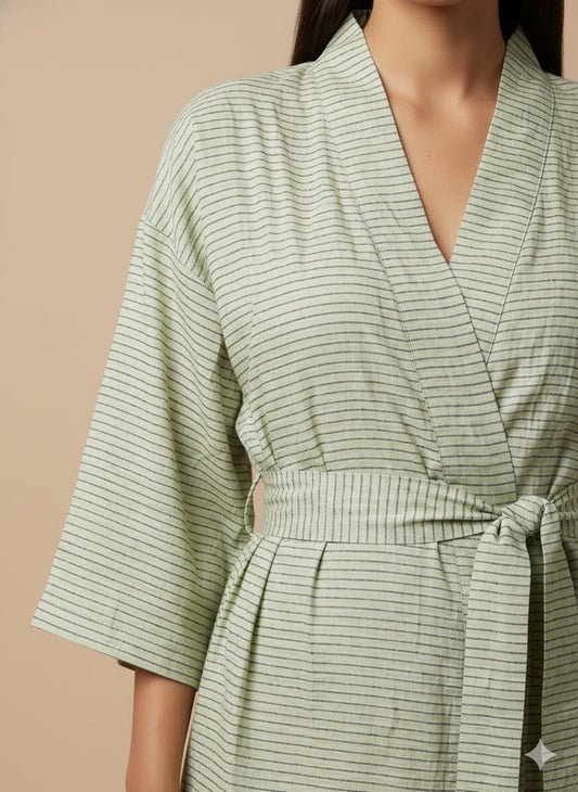 Pikaru Cotton Kimono Robe for Women | Sage Green Striped Wrap Dress | Handcrafted Belted Midi Loungewear | Breathable Everyday Robe