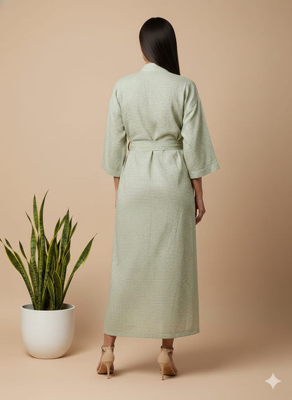 Pikaru Cotton Kimono Robe for Women | Sage Green Striped Wrap Dress | Handcrafted Belted Midi Loungewear | Breathable Everyday Robe