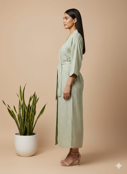 Pikaru Cotton Kimono Robe for Women | Sage Green Striped Wrap Dress | Handcrafted Belted Midi Loungewear | Breathable Everyday Robe
