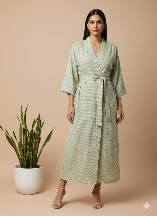 Pikaru Cotton Kimono Robe for Women | Sage Green Striped Wrap Dress | Handcrafted Belted Midi Loungewear | Breathable Everyday Robe