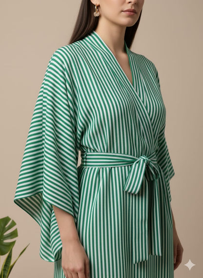 Bold Stripe Kimono Wrap Dress for Women | Emerald Green Cotton Robe | Belted Midi Kimono | Summer Loungewear & Resort Wear
