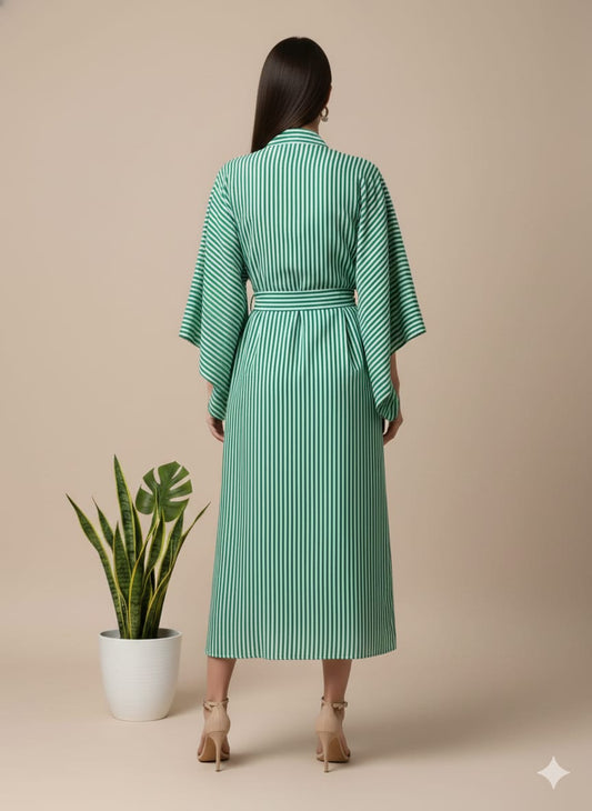 Bold Stripe Kimono Wrap Dress for Women | Emerald Green Cotton Robe | Belted Midi Kimono | Summer Loungewear & Resort Wear
