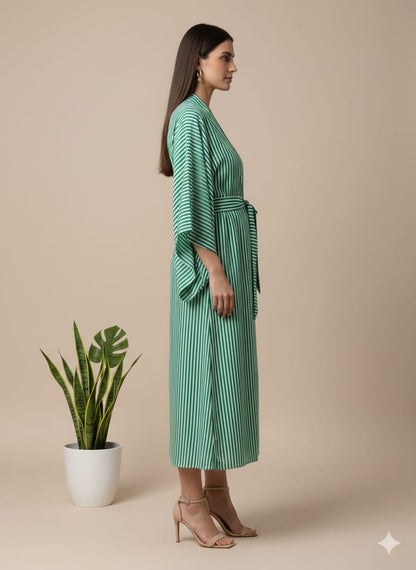 Bold Stripe Kimono Wrap Dress for Women | Emerald Green Cotton Robe | Belted Midi Kimono | Summer Loungewear & Resort Wear