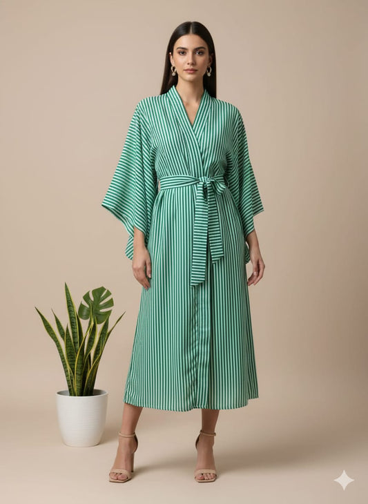 Bold Stripe Kimono Wrap Dress for Women | Emerald Green Cotton Robe | Belted Midi Kimono | Summer Loungewear & Resort Wear