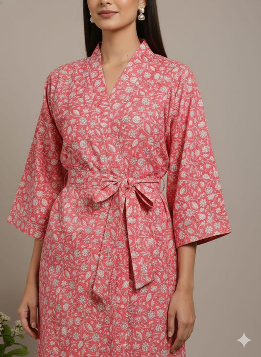 Pikaru Pink Floral Block Print Kimono Robe for Women | Indian Cotton Wrap Dress | Belted Midi Robe | Boho Loungewear & Bridal Party Robe