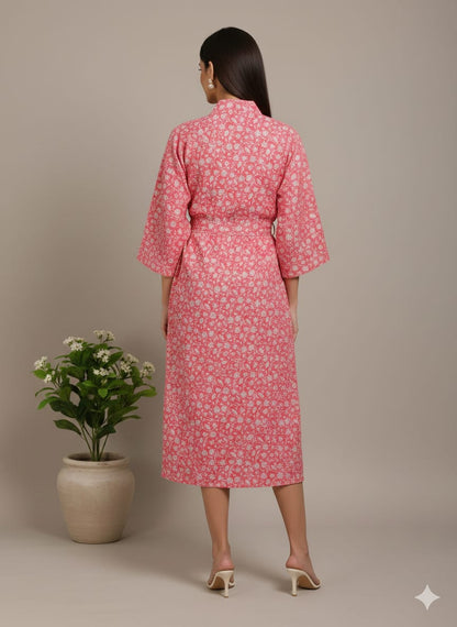 Pikaru Pink Floral Block Print Kimono Robe for Women | Indian Cotton Wrap Dress | Belted Midi Robe | Boho Loungewear & Bridal Party Robe