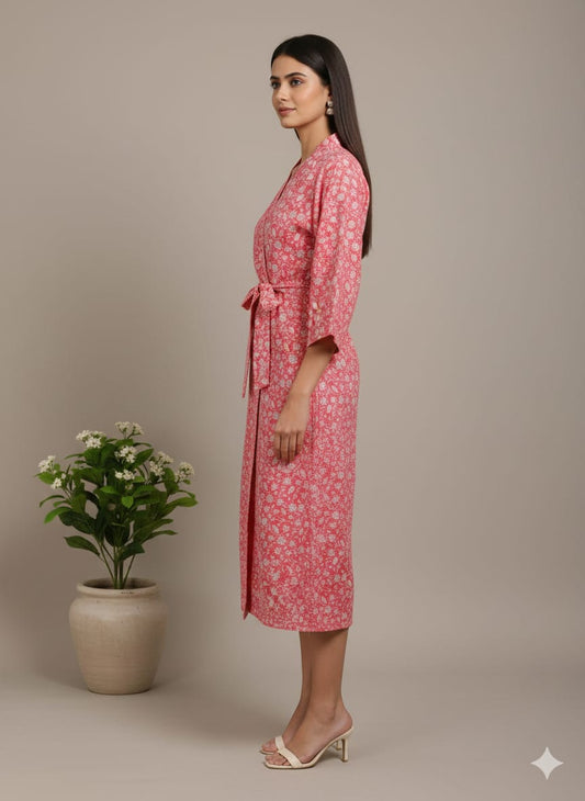 Pikaru Pink Floral Block Print Kimono Robe for Women | Indian Cotton Wrap Dress | Belted Midi Robe | Boho Loungewear & Bridal Party Robe