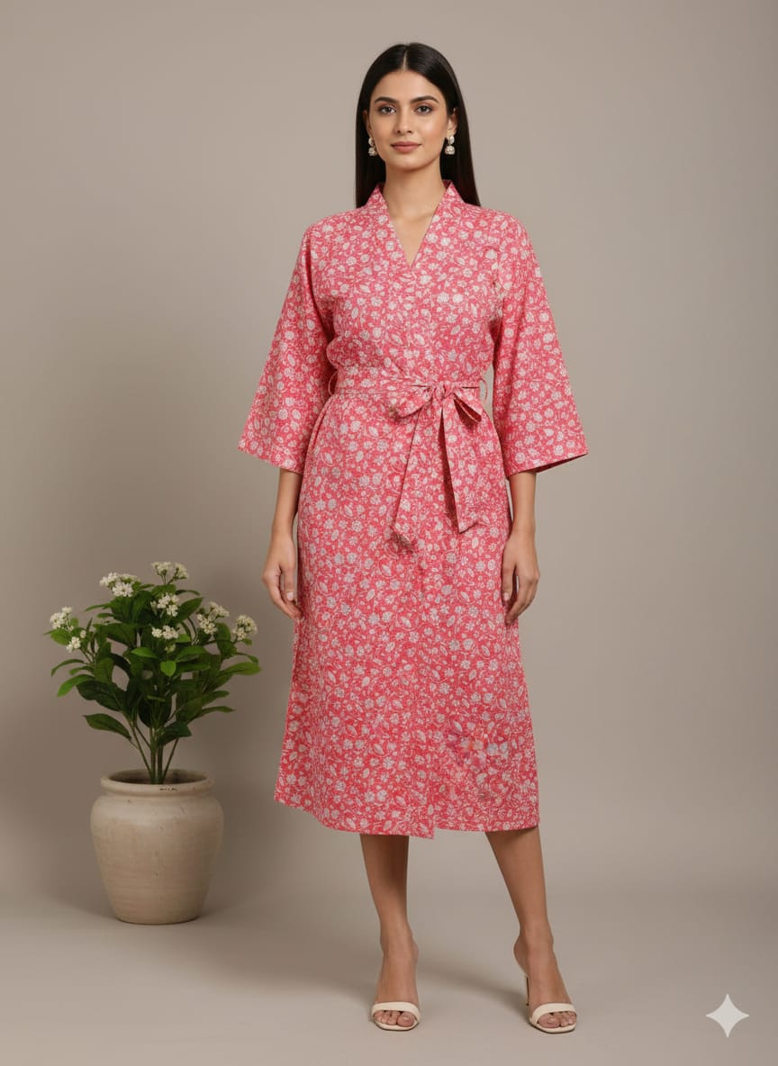Pikaru Pink Floral Block Print Kimono Robe for Women | Indian Cotton Wrap Dress | Belted Midi Robe | Boho Loungewear & Bridal Party Robe