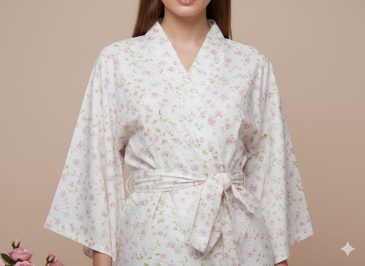 Pikaru White Ditsy Floral Kimono Robe for Women