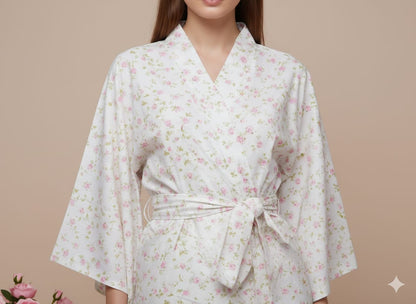 Pikaru White Ditsy Floral Kimono Robe for Women