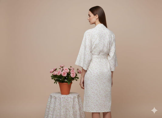 Pikaru White Ditsy Floral Kimono Robe for Women | Cottagecore Cotton Wrap Dress | Bridal Getting Ready Robe | Soft Belted Midi Loungewear