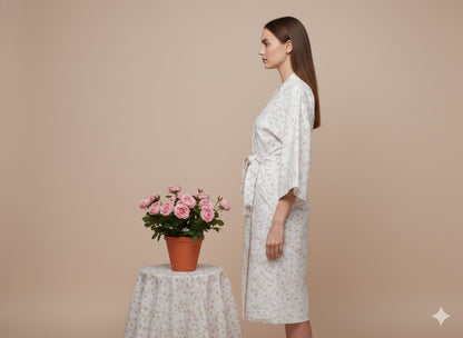 Pikaru White Ditsy Floral Kimono Robe for Women