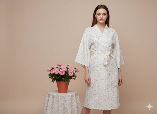 Pikaru White Ditsy Floral Kimono Robe for Women | Cottagecore Cotton Wrap Dress | Bridal Getting Ready Robe | Soft Belted Midi Loungewear