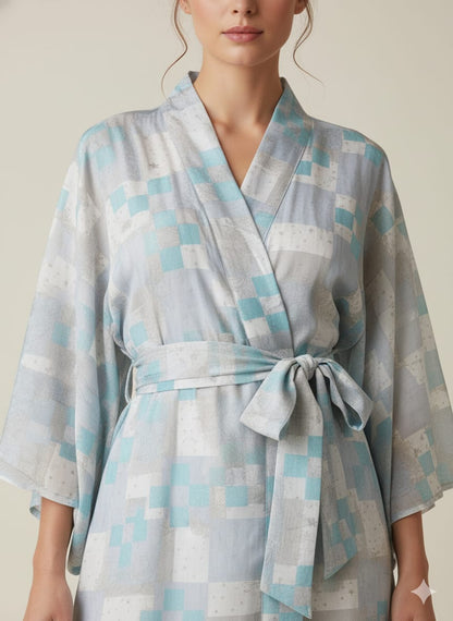 Sky Blue Cotton Kimono Kaftan Dress – Wrap Belted Maxi Lounge & Resort Wear for Women