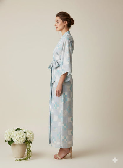 Sky Blue Cotton Kimono Kaftan Dress – Wrap Belted Maxi Lounge & Resort Wear for Women