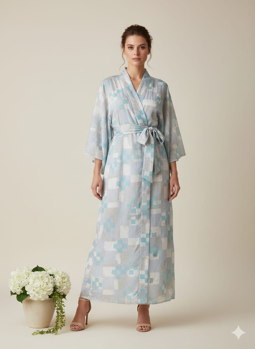 Sky Blue Cotton Kimono Kaftan Dress – Wrap Belted Maxi Lounge & Resort Wear for Women