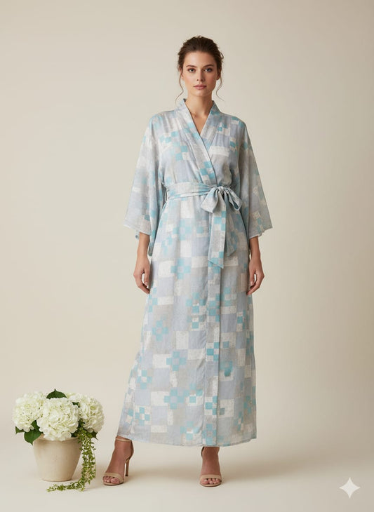 Sky Blue Cotton Kimono Kaftan Dress – Wrap Belted Maxi Lounge & Resort Wear for Women