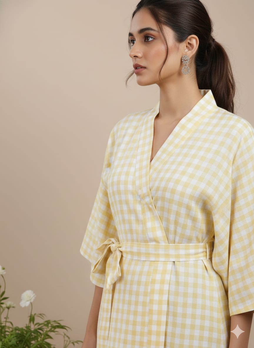 Yellow Gingham Cotton Kimono Kaftan Dress – Wrap Style Belted Midi Lounge & Summer Dress for Women