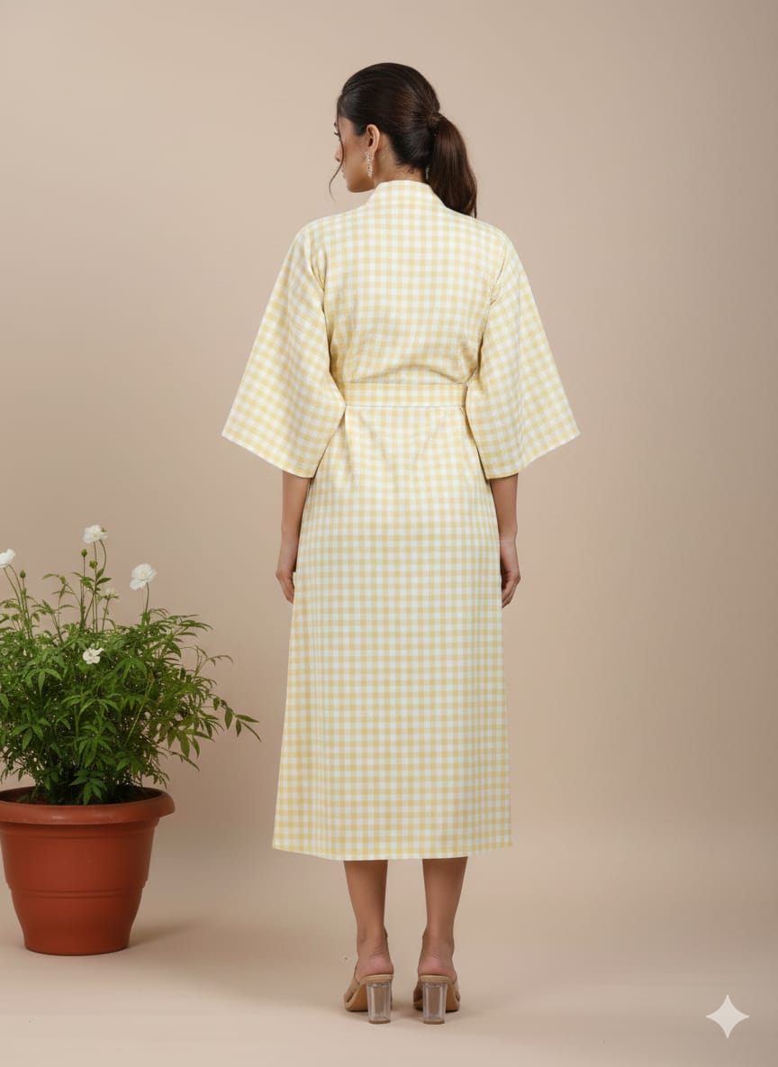 Yellow Gingham Cotton Kimono Kaftan Dress – Wrap Style Belted Midi Lounge & Summer Dress for Women