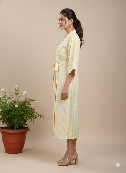 Yellow Gingham Cotton Kimono Kaftan Dress – Wrap Style Belted Midi Lounge & Summer Dress for Women