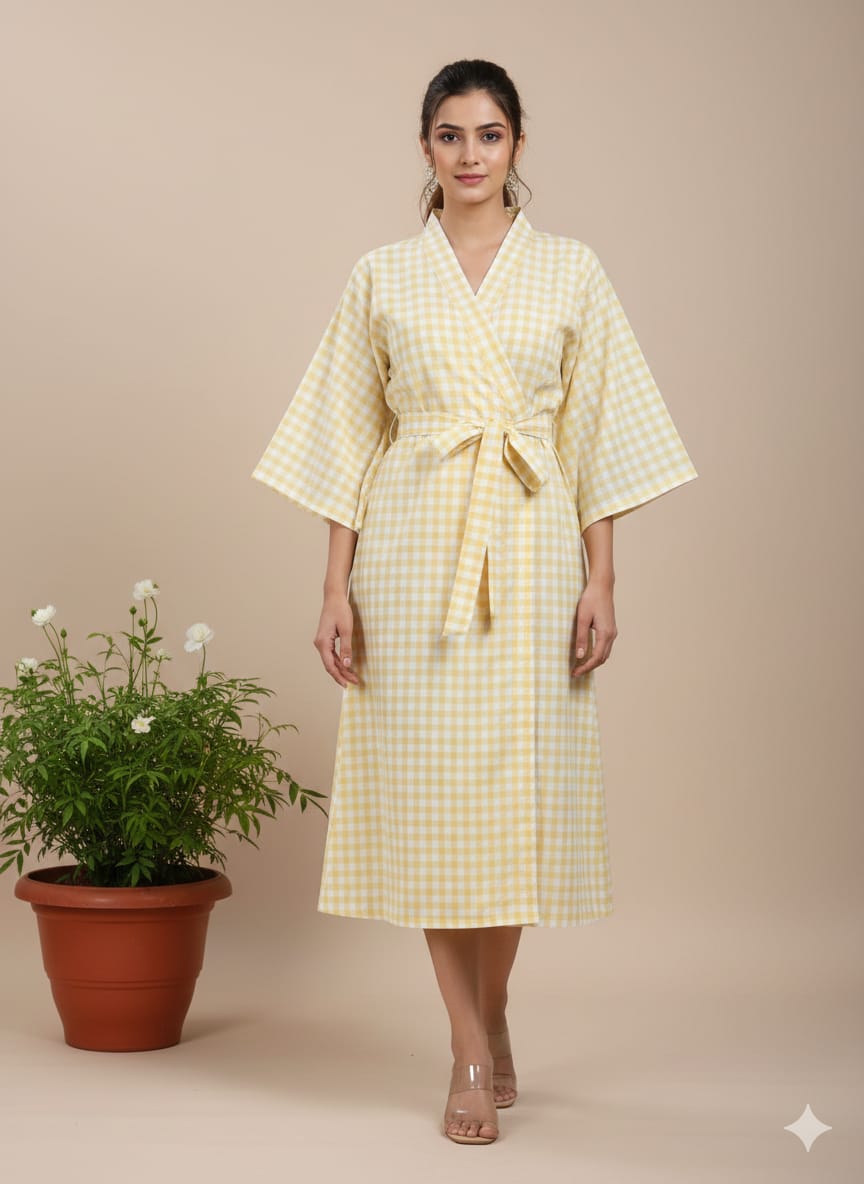 Yellow Gingham Cotton Kimono Kaftan Dress – Wrap Style Belted Midi Lounge & Summer Dress for Women