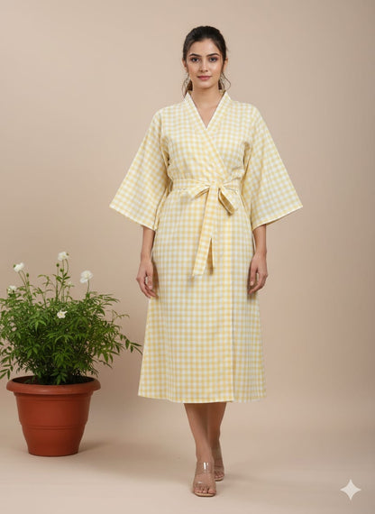 Yellow Gingham Cotton Kimono Kaftan Dress – Wrap Style Belted Midi Lounge & Summer Dress for Women