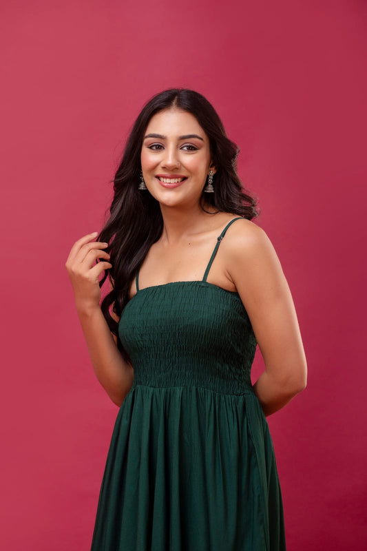 Women's Emerald Green Cotton Sleeveless  Midi Dress | Spaghetti Strap Flowy Summer Dress with Adjustable Straps | Sizes XS to 2XL