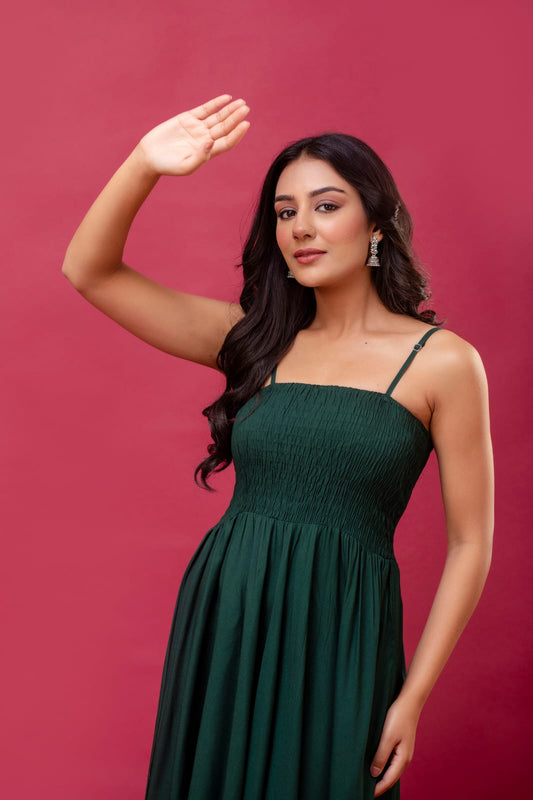 Women's Emerald Green Cotton Sleeveless  Midi Dress | Spaghetti Strap Flowy Summer Dress with Adjustable Straps | Sizes XS to 2XL