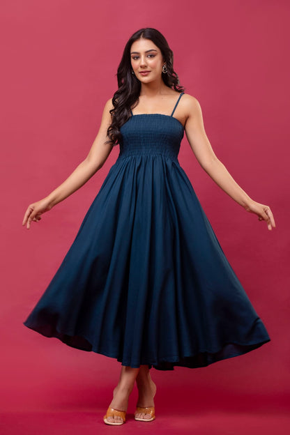 Women's Navy Blue Cotton Sleeveless  Midi Dress
