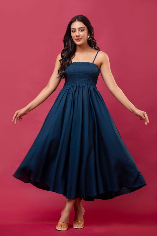 Women's Navy Blue Cotton Sleeveless  Midi Dress | Spaghetti Strap Flowy Summer Dress with Adjustable Straps | Sizes XS to 2XL