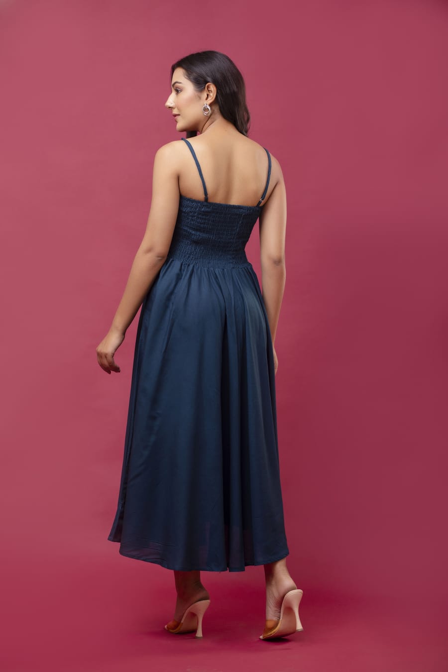 Women's Navy Blue Cotton Sleeveless  Midi Dress