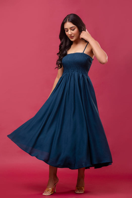 Women's Navy Blue Cotton Sleeveless  Midi Dress | Spaghetti Strap Flowy Summer Dress with Adjustable Straps | Sizes XS to 2XL