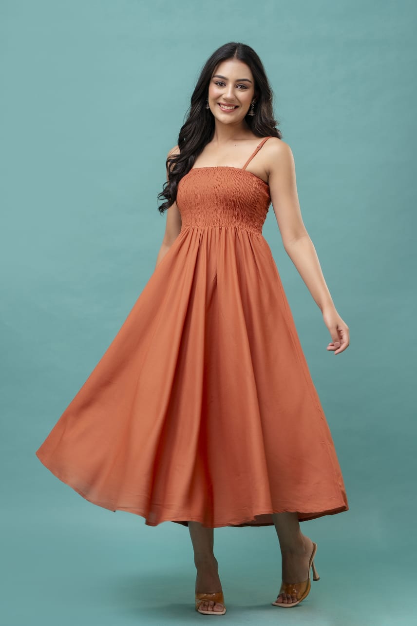 Women's Orange Cotton  Sleeveless  Midi Dress