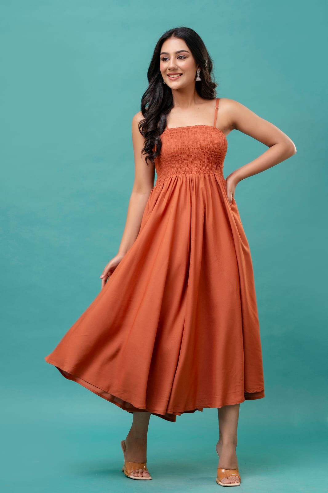 Women's Orange Cotton  Sleeveless  Midi Dress