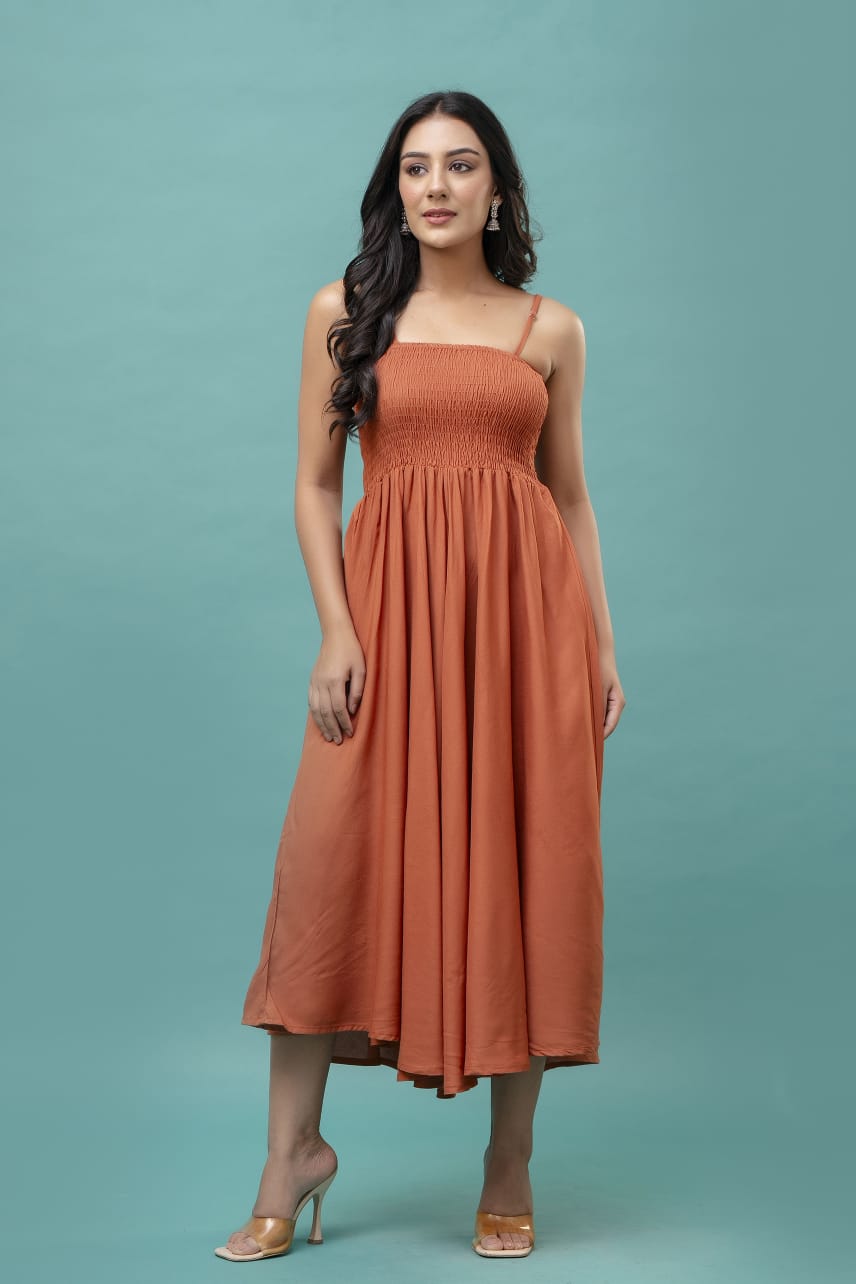 Women's Orange Cotton  Sleeveless  Midi Dress
